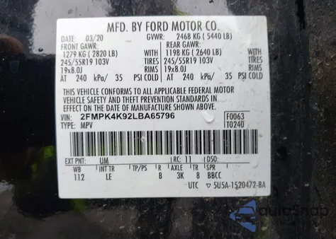 2020 Ford Edge Titanium из США, поврежденный, VIN 2FMPK4K92LBA65796